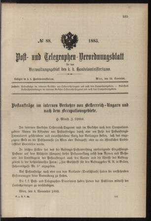 Post- und Telegraphen-Verordnungsblatt für das Verwaltungsgebiet des K.-K. Handelsministeriums 18851120 Seite: 1