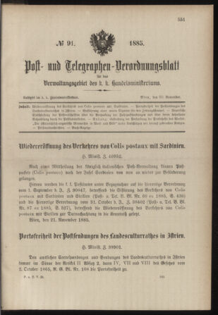 Post- und Telegraphen-Verordnungsblatt für das Verwaltungsgebiet des K.-K. Handelsministeriums 18851130 Seite: 1