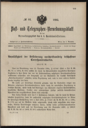 Post- und Telegraphen-Verordnungsblatt für das Verwaltungsgebiet des K.-K. Handelsministeriums 18851208 Seite: 1