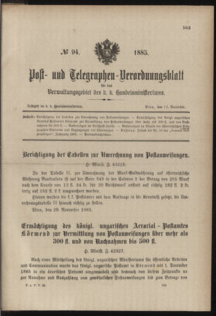 Post- und Telegraphen-Verordnungsblatt für das Verwaltungsgebiet des K.-K. Handelsministeriums 18851210 Seite: 1