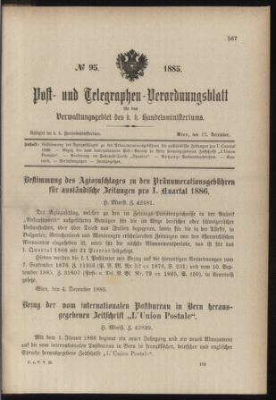 Post- und Telegraphen-Verordnungsblatt für das Verwaltungsgebiet des K.-K. Handelsministeriums 18851212 Seite: 1