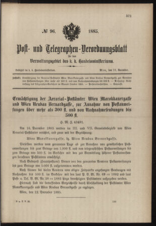 Post- und Telegraphen-Verordnungsblatt für das Verwaltungsgebiet des K.-K. Handelsministeriums 18851216 Seite: 1