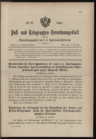 Post- und Telegraphen-Verordnungsblatt für das Verwaltungsgebiet des K.-K. Handelsministeriums 18851218 Seite: 1