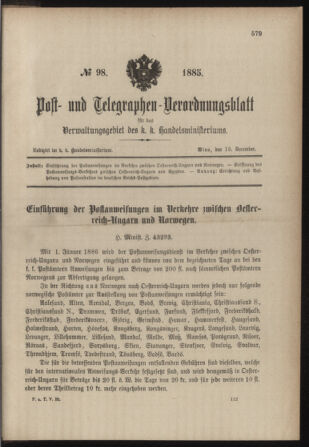 Post- und Telegraphen-Verordnungsblatt für das Verwaltungsgebiet des K.-K. Handelsministeriums 18851219 Seite: 1