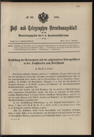 Post- und Telegraphen-Verordnungsblatt für das Verwaltungsgebiet des K.-K. Handelsministeriums 18851221 Seite: 1