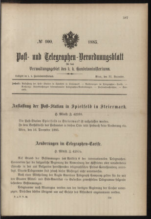 Post- und Telegraphen-Verordnungsblatt für das Verwaltungsgebiet des K.-K. Handelsministeriums 18851222 Seite: 1