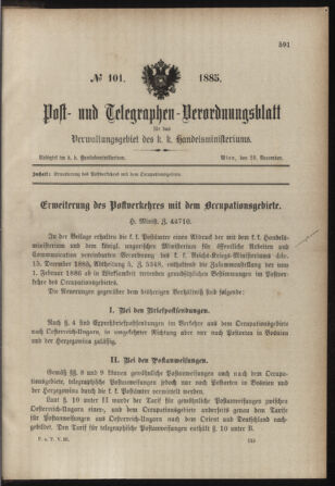 Post- und Telegraphen-Verordnungsblatt für das Verwaltungsgebiet des K.-K. Handelsministeriums 18851223 Seite: 1