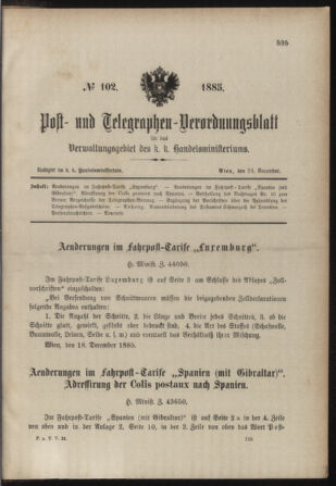 Post- und Telegraphen-Verordnungsblatt für das Verwaltungsgebiet des K.-K. Handelsministeriums 18851224 Seite: 1