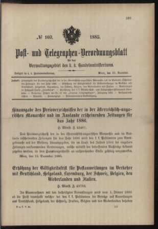 Post- und Telegraphen-Verordnungsblatt für das Verwaltungsgebiet des K.-K. Handelsministeriums 18851228 Seite: 1