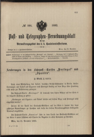 Post- und Telegraphen-Verordnungsblatt für das Verwaltungsgebiet des K.-K. Handelsministeriums 18851229 Seite: 1