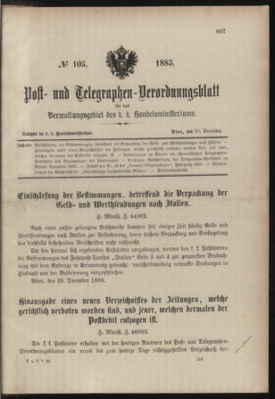 Post- und Telegraphen-Verordnungsblatt für das Verwaltungsgebiet des K.-K. Handelsministeriums 18851230 Seite: 1