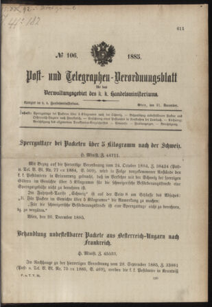 Post- und Telegraphen-Verordnungsblatt für das Verwaltungsgebiet des K.-K. Handelsministeriums 18851231 Seite: 1