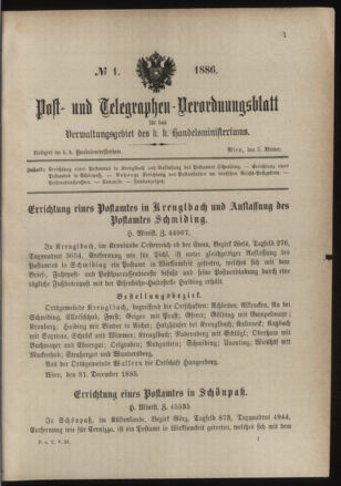 Post- und Telegraphen-Verordnungsblatt für das Verwaltungsgebiet des K.-K. Handelsministeriums 18860105 Seite: 1