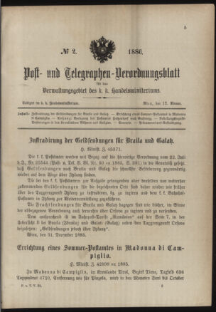 Post- und Telegraphen-Verordnungsblatt für das Verwaltungsgebiet des K.-K. Handelsministeriums 18860112 Seite: 1