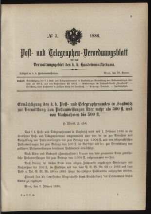 Post- und Telegraphen-Verordnungsblatt für das Verwaltungsgebiet des K.-K. Handelsministeriums 18860116 Seite: 1