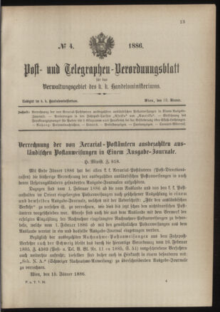 Post- und Telegraphen-Verordnungsblatt für das Verwaltungsgebiet des K.-K. Handelsministeriums 18860118 Seite: 1