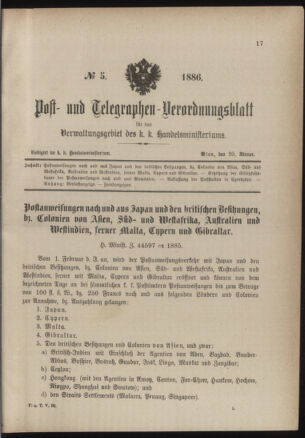 Post- und Telegraphen-Verordnungsblatt für das Verwaltungsgebiet des K.-K. Handelsministeriums 18860120 Seite: 1