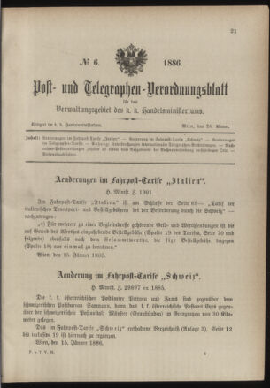 Post- und Telegraphen-Verordnungsblatt für das Verwaltungsgebiet des K.-K. Handelsministeriums 18860124 Seite: 1