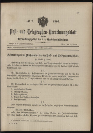 Post- und Telegraphen-Verordnungsblatt für das Verwaltungsgebiet des K.-K. Handelsministeriums 18860126 Seite: 1