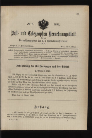 Post- und Telegraphen-Verordnungsblatt für das Verwaltungsgebiet des K.-K. Handelsministeriums 18860128 Seite: 1