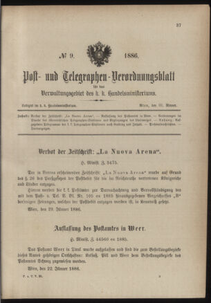 Post- und Telegraphen-Verordnungsblatt für das Verwaltungsgebiet des K.-K. Handelsministeriums 18860130 Seite: 1