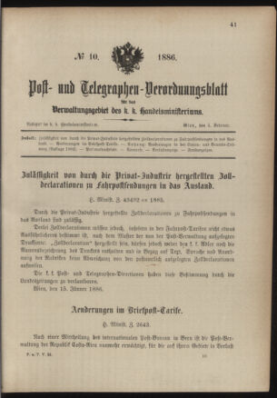 Post- und Telegraphen-Verordnungsblatt für das Verwaltungsgebiet des K.-K. Handelsministeriums 18860204 Seite: 1