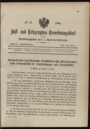 Post- und Telegraphen-Verordnungsblatt für das Verwaltungsgebiet des K.-K. Handelsministeriums 18860208 Seite: 1