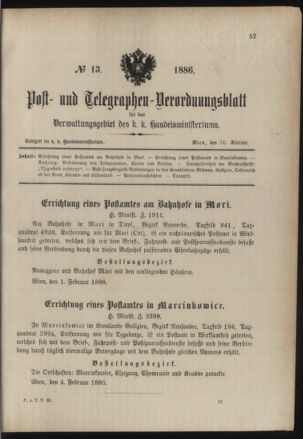 Post- und Telegraphen-Verordnungsblatt für das Verwaltungsgebiet des K.-K. Handelsministeriums 18860210 Seite: 1