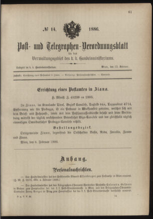 Post- und Telegraphen-Verordnungsblatt für das Verwaltungsgebiet des K.-K. Handelsministeriums 18860212 Seite: 1