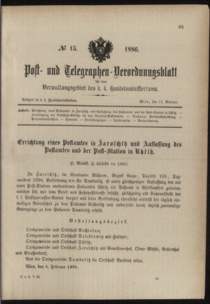 Post- und Telegraphen-Verordnungsblatt für das Verwaltungsgebiet des K.-K. Handelsministeriums 18860213 Seite: 1