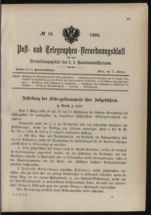 Post- und Telegraphen-Verordnungsblatt für das Verwaltungsgebiet des K.-K. Handelsministeriums 18860217 Seite: 1