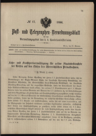 Post- und Telegraphen-Verordnungsblatt für das Verwaltungsgebiet des K.-K. Handelsministeriums 18860220 Seite: 1