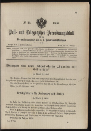 Post- und Telegraphen-Verordnungsblatt für das Verwaltungsgebiet des K.-K. Handelsministeriums 18860226 Seite: 1