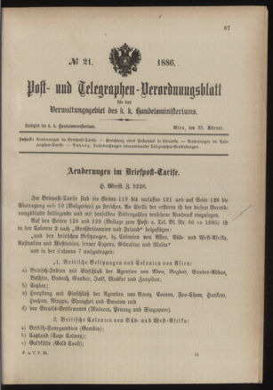 Post- und Telegraphen-Verordnungsblatt für das Verwaltungsgebiet des K.-K. Handelsministeriums 18860228 Seite: 1