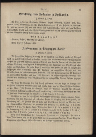 Post- und Telegraphen-Verordnungsblatt für das Verwaltungsgebiet des K.-K. Handelsministeriums 18860228 Seite: 3