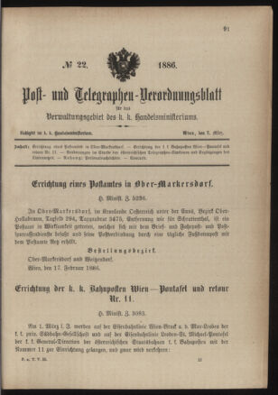 Post- und Telegraphen-Verordnungsblatt für das Verwaltungsgebiet des K.-K. Handelsministeriums 18860302 Seite: 1