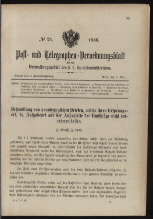 Post- und Telegraphen-Verordnungsblatt für das Verwaltungsgebiet des K.-K. Handelsministeriums 18860307 Seite: 1