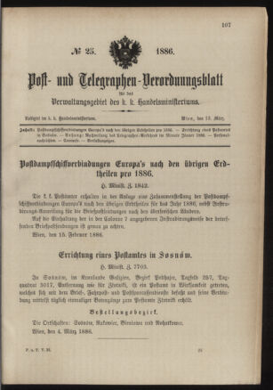 Post- und Telegraphen-Verordnungsblatt für das Verwaltungsgebiet des K.-K. Handelsministeriums 18860313 Seite: 1