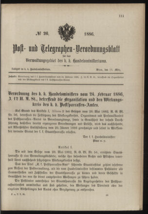 Post- und Telegraphen-Verordnungsblatt für das Verwaltungsgebiet des K.-K. Handelsministeriums 18860316 Seite: 1