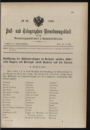 Post- und Telegraphen-Verordnungsblatt für das Verwaltungsgebiet des K.-K. Handelsministeriums 18860319 Seite: 1