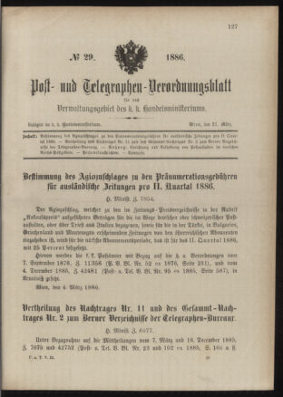 Post- und Telegraphen-Verordnungsblatt für das Verwaltungsgebiet des K.-K. Handelsministeriums 18860321 Seite: 1