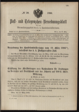 Post- und Telegraphen-Verordnungsblatt für das Verwaltungsgebiet des K.-K. Handelsministeriums 18860323 Seite: 1