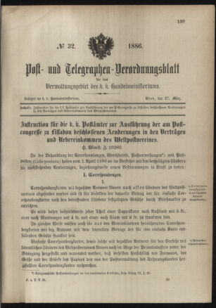 Post- und Telegraphen-Verordnungsblatt für das Verwaltungsgebiet des K.-K. Handelsministeriums 18860327 Seite: 1