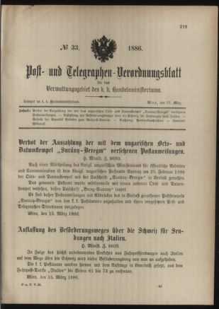 Post- und Telegraphen-Verordnungsblatt für das Verwaltungsgebiet des K.-K. Handelsministeriums 18860329 Seite: 1