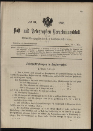 Post- und Telegraphen-Verordnungsblatt für das Verwaltungsgebiet des K.-K. Handelsministeriums 18860331 Seite: 1