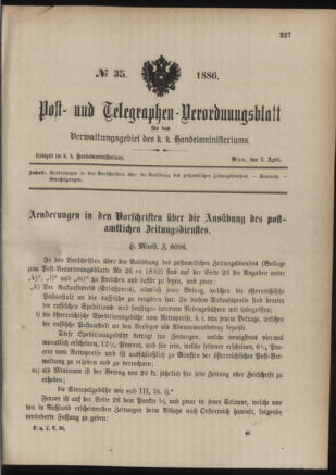 Post- und Telegraphen-Verordnungsblatt für das Verwaltungsgebiet des K.-K. Handelsministeriums 18860402 Seite: 1