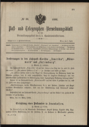 Post- und Telegraphen-Verordnungsblatt für das Verwaltungsgebiet des K.-K. Handelsministeriums 18860404 Seite: 1