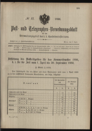 Post- und Telegraphen-Verordnungsblatt für das Verwaltungsgebiet des K.-K. Handelsministeriums 18860405 Seite: 1