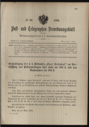 Post- und Telegraphen-Verordnungsblatt für das Verwaltungsgebiet des K.-K. Handelsministeriums 18860406 Seite: 1