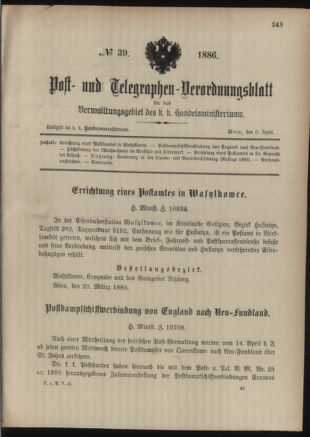 Post- und Telegraphen-Verordnungsblatt für das Verwaltungsgebiet des K.-K. Handelsministeriums 18860408 Seite: 1